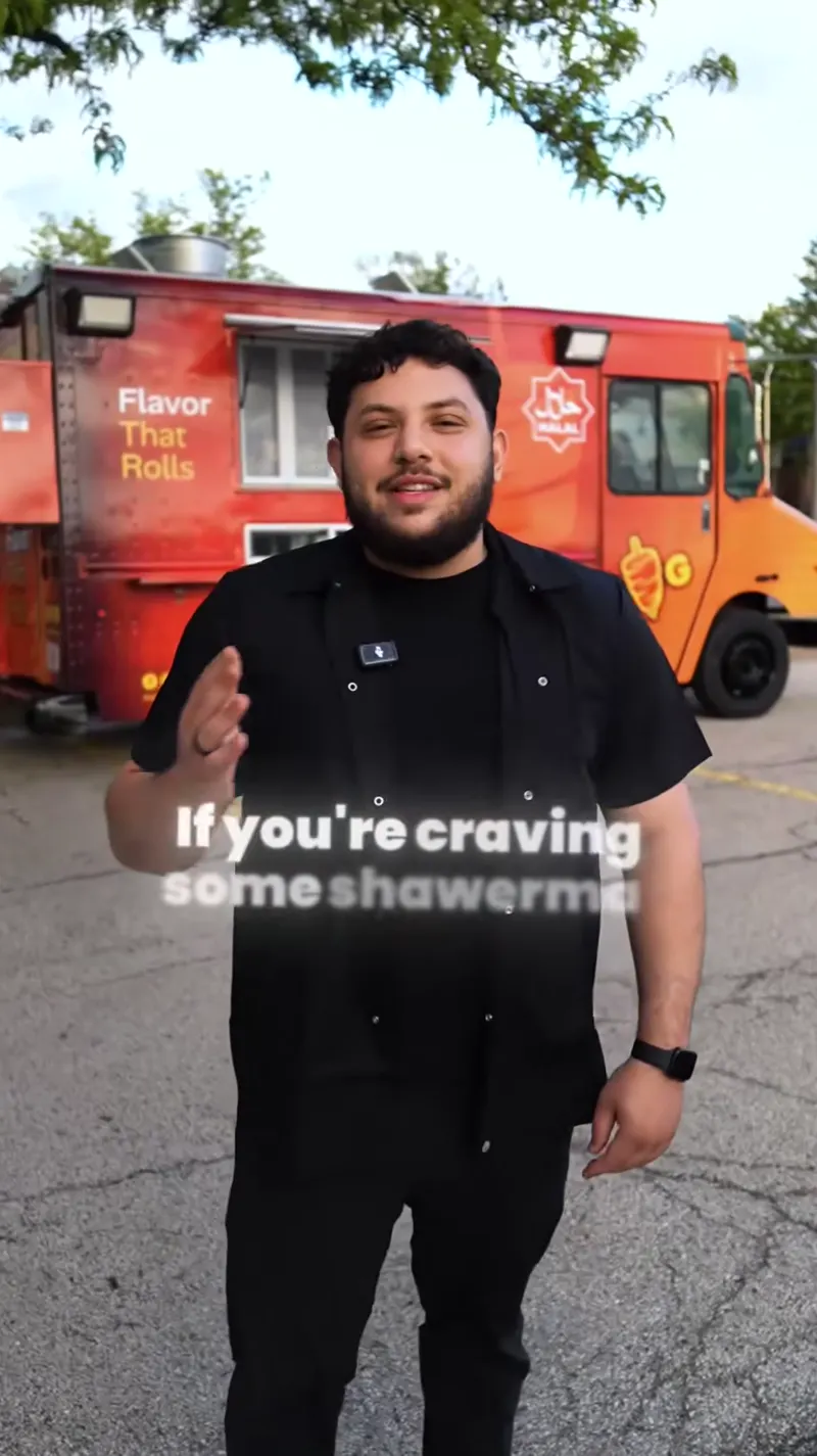 Glossy crispy shawerma wrap pressed toward the camera